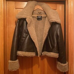 Zara Brown and Cream faux sterling/vegan Bomber Jacket size large